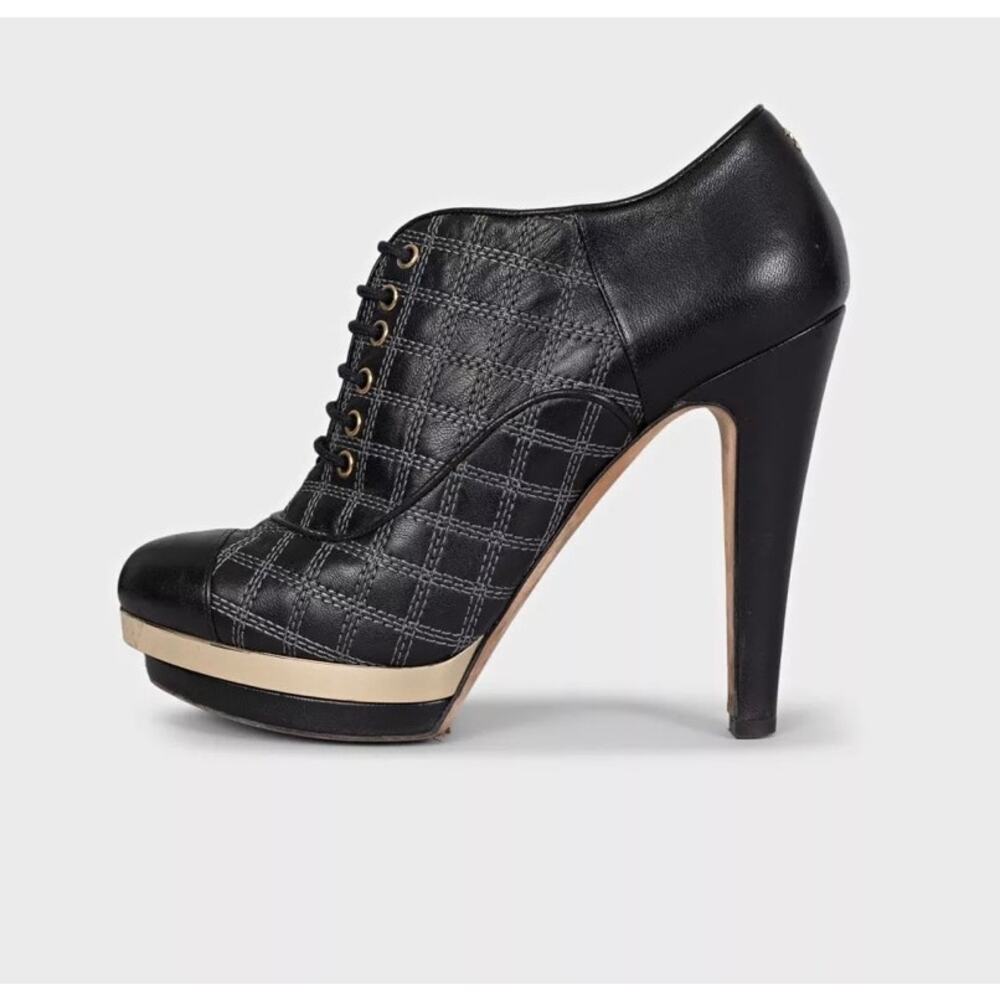 Chanel Black Leather Checkered Embroidery Ankle Boots Sz 37.5